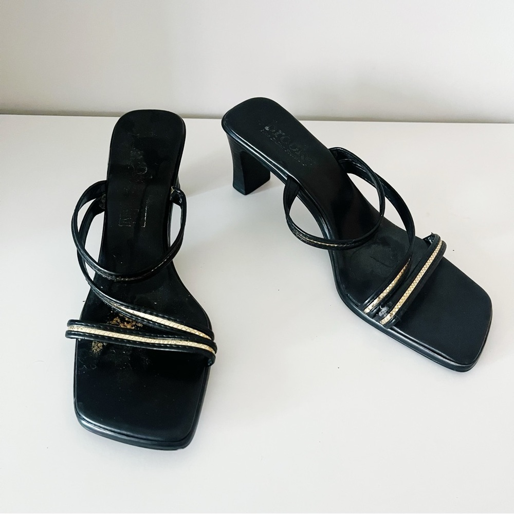 Brooke Size 40 Black Gold Strappy Open Toe Sandals Heels